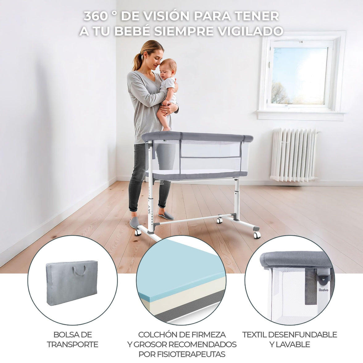 Sky gray co-sleeping mini crib